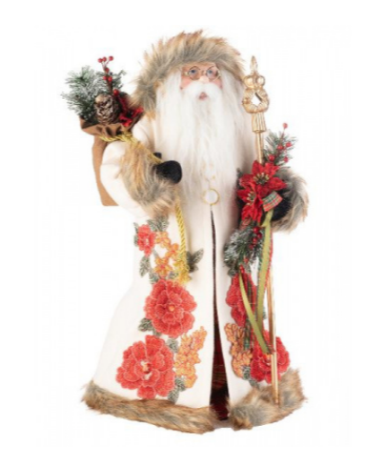 Дед Мороз в белой шубе с красными цветами, с посохом и подарками, 46 см