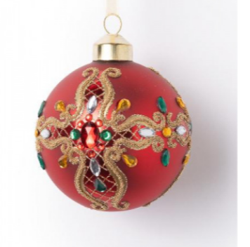 Шар красный с крупным узором и разноцветными стразами 8 см