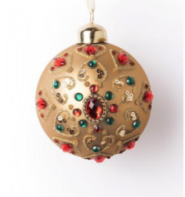 Золотой шар с орнаментом из разноцветных страз 8 см