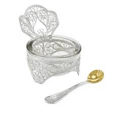 Солонка филигранная с ложкой из мельхиора с посеребрением