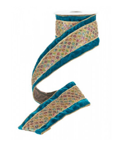 Лента бирюзовая с радужным узором 10 см*4,5 м.