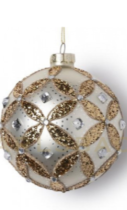 Шар серебристый стеклянный с золотыми блестками, 10 см