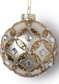 Шар серебристый стеклянный с золотыми блестками, 8 см