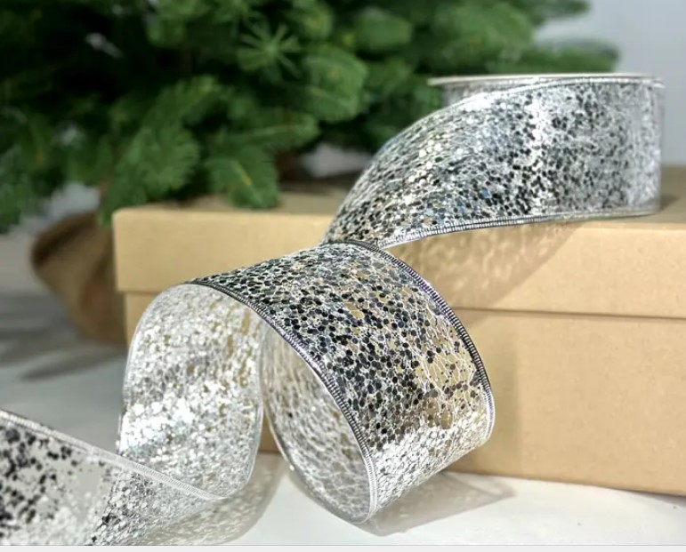 Лента с пайетками, W6,3 см, L10 м, полиэстер, серебряный