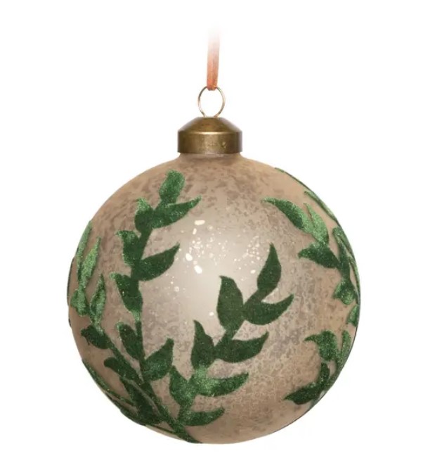 Шар ЛИСТЬЯ с бархатом D10 см, стекло, шампань, зеленый