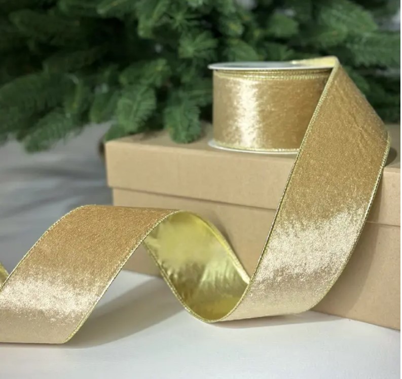 Бархатная лента, W6,3 см, L10 м, полиэстер, золотой