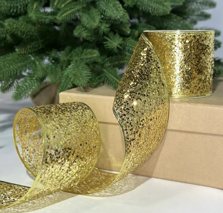 Лента с пайетками, W6,3 см, L10 м, полиэстер, золотой